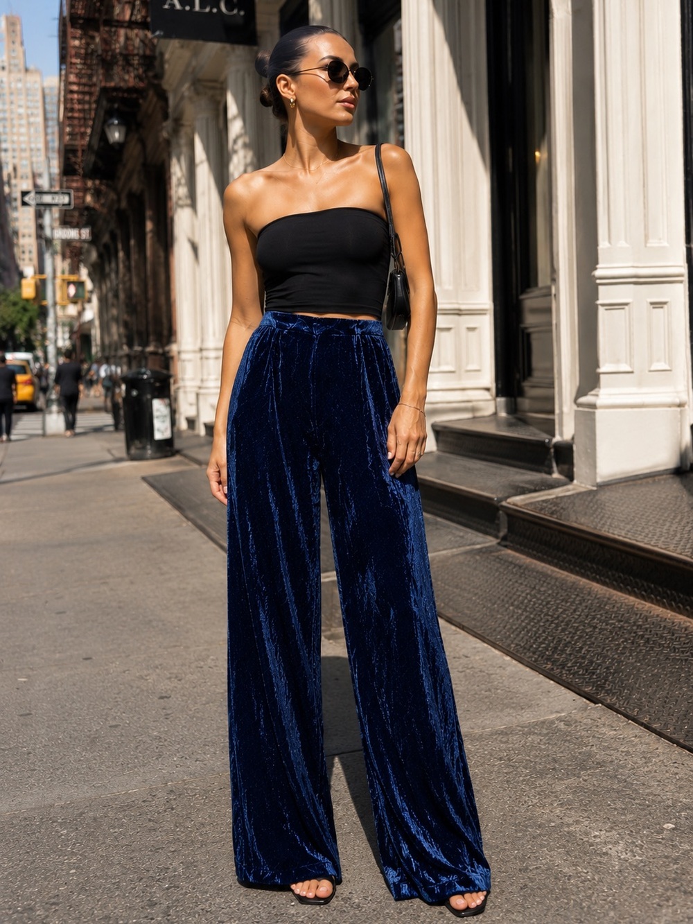 Club L London Navy Blue Velvet Wide-Leg Pants – Size 8 UK / 4 US – NWT